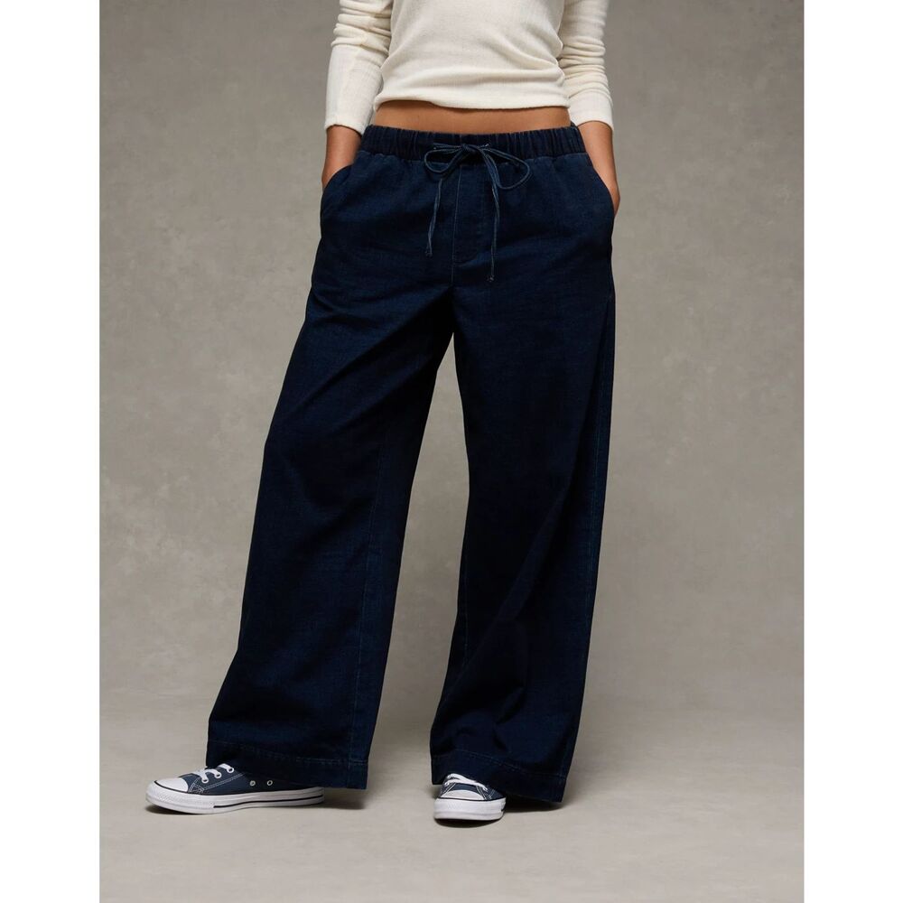 American Eagle Cozy Dreamy Drape Wide Leg Jeans Drawstring Waist Size Large